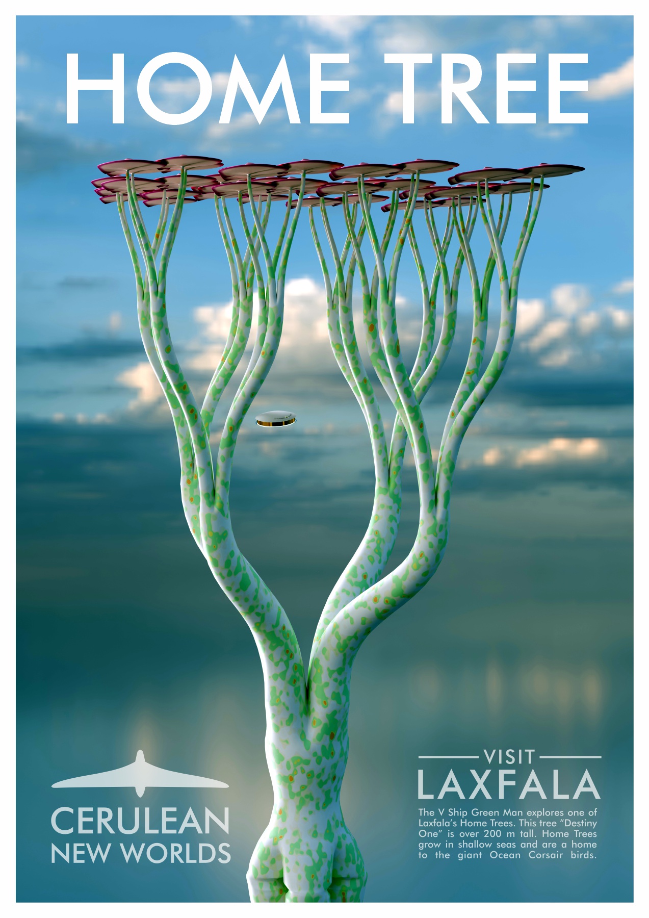 First Home Tree poster featuring the tree Destiny One and the V Ship Green Man, planet Laxfala.