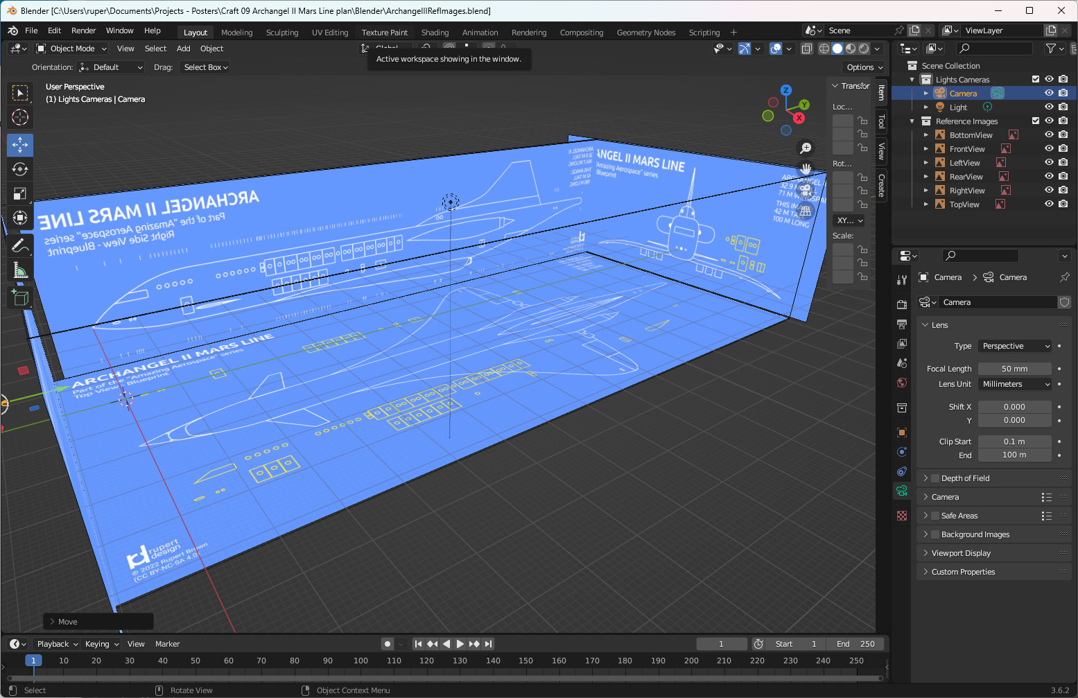 The blueprints for Archangel II laid out in Cyber-Toulouse (Blender).