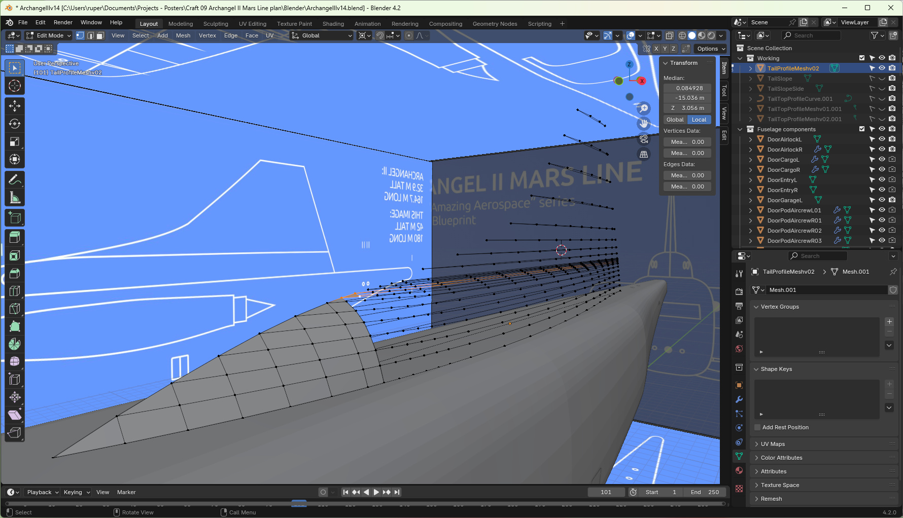 The mesh of the vertical stabiliser.