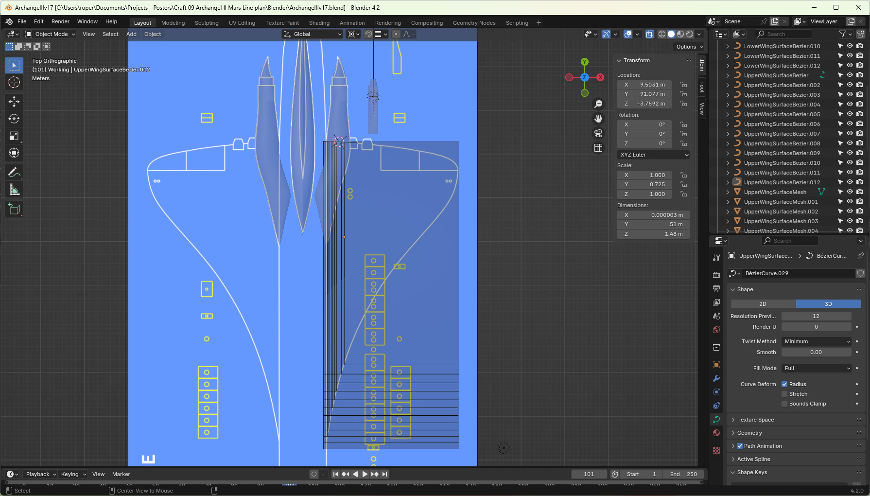 Defining the size and position of the main wing sections.