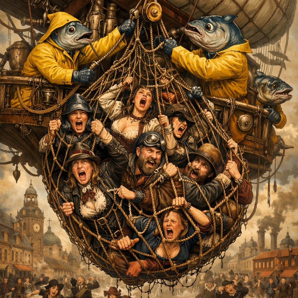 Steampunk herring catching humans from their airship