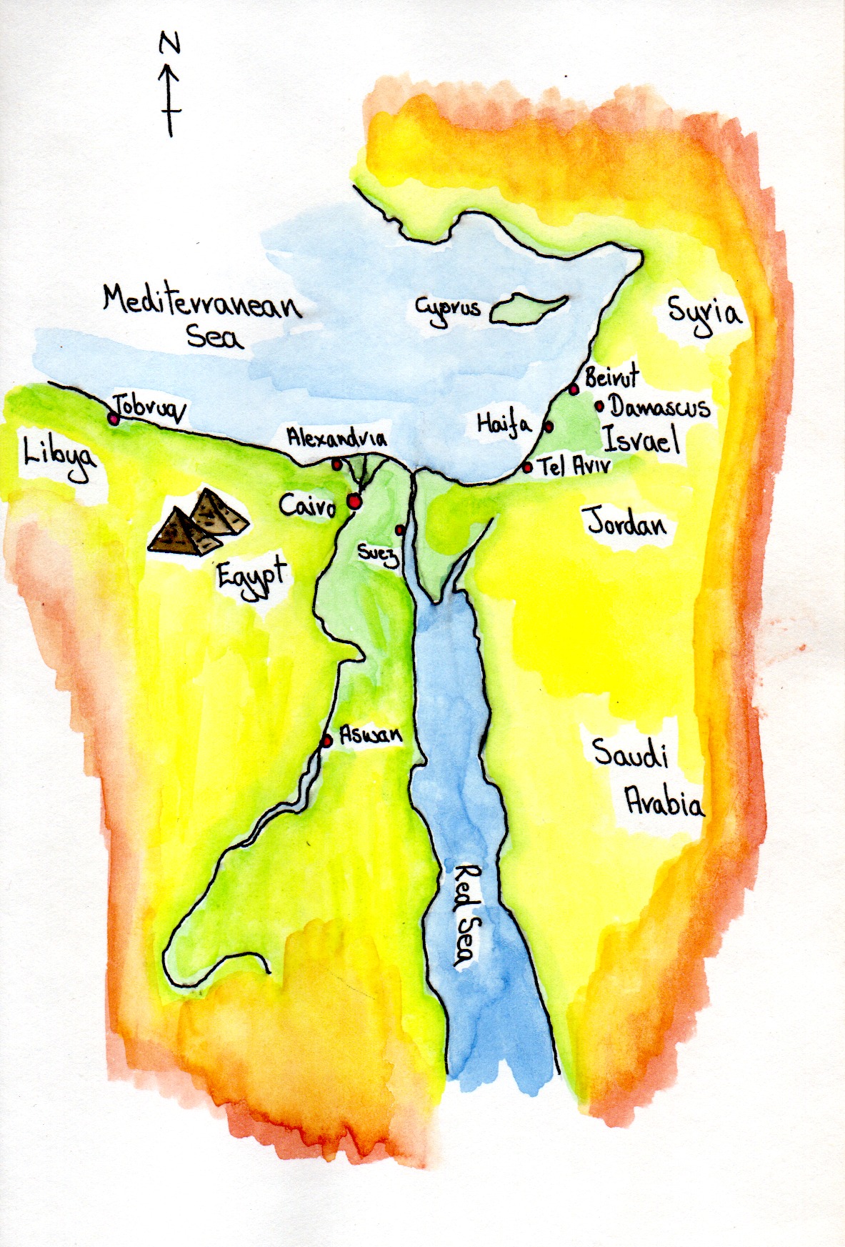 A little watercolour of the Eastern Mediterranean and the Middle East.