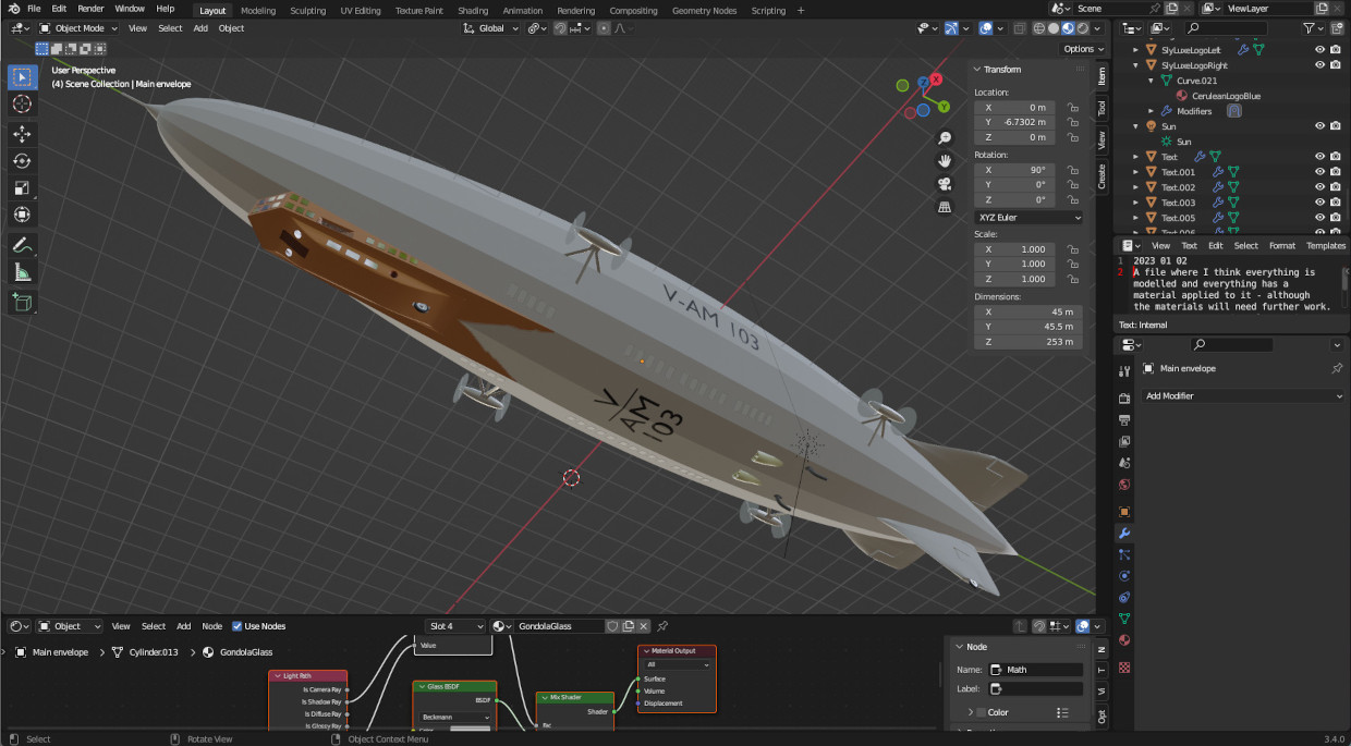 Skyluxe Dreamship airship with materials in the Blender workspace.