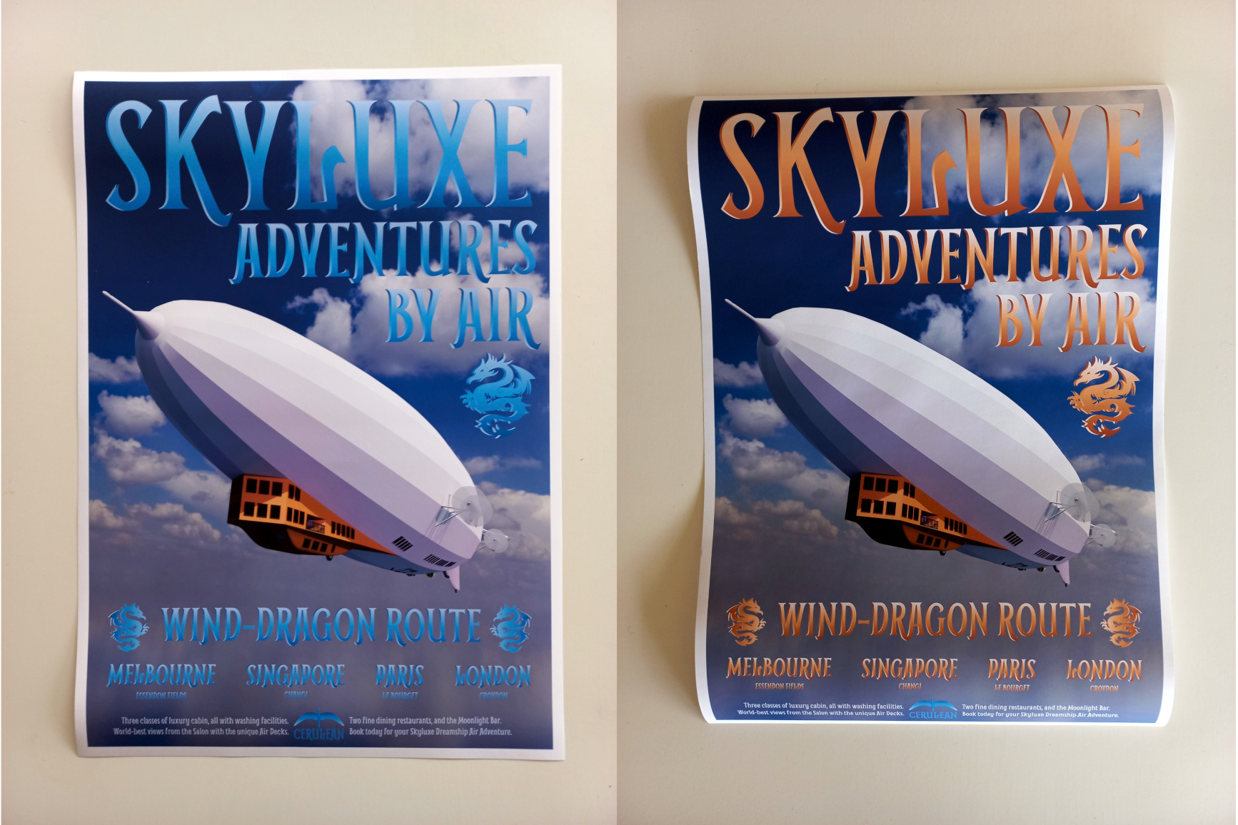 A side by side comparison of the Skyluxe posters, one with blue font, the other orange.