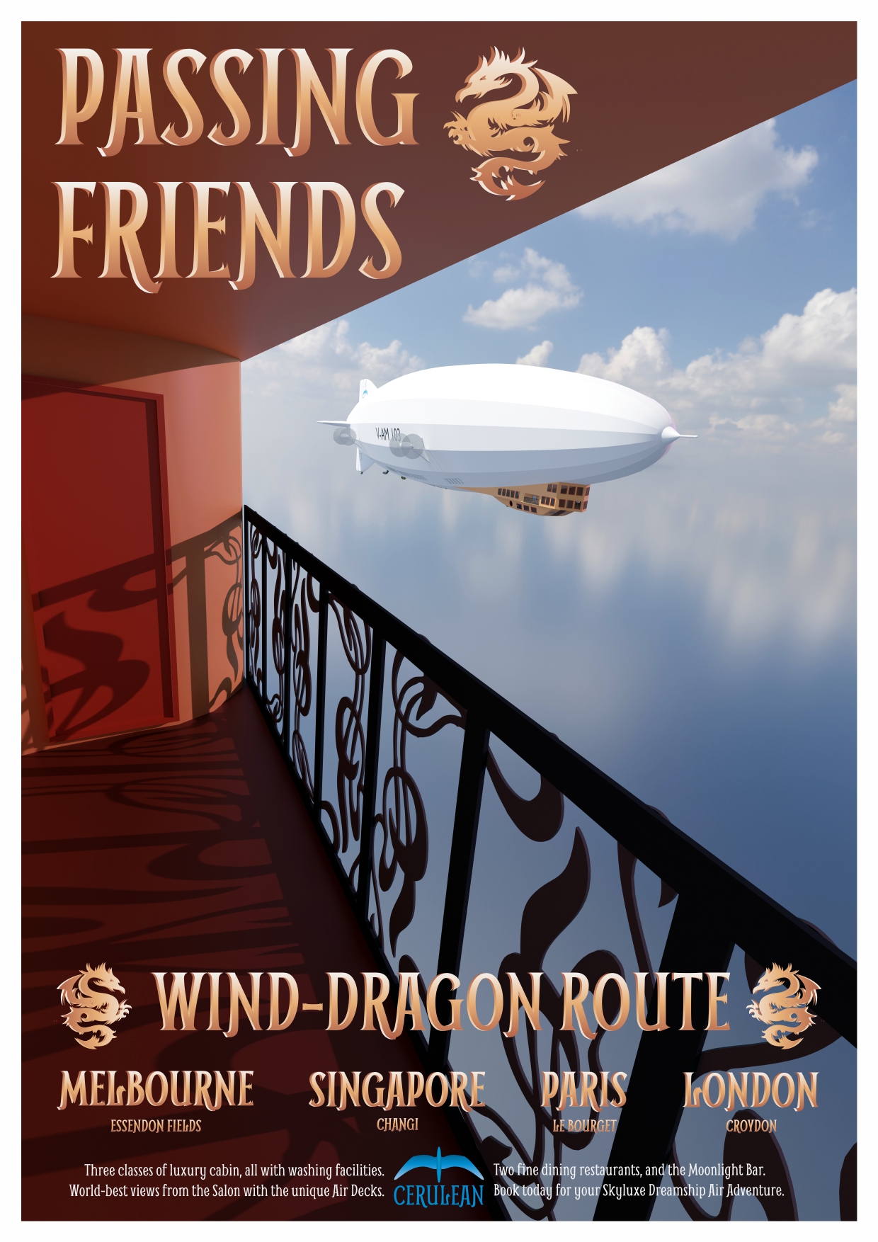 A first version of the SkyLuxe Passing Friends poster.