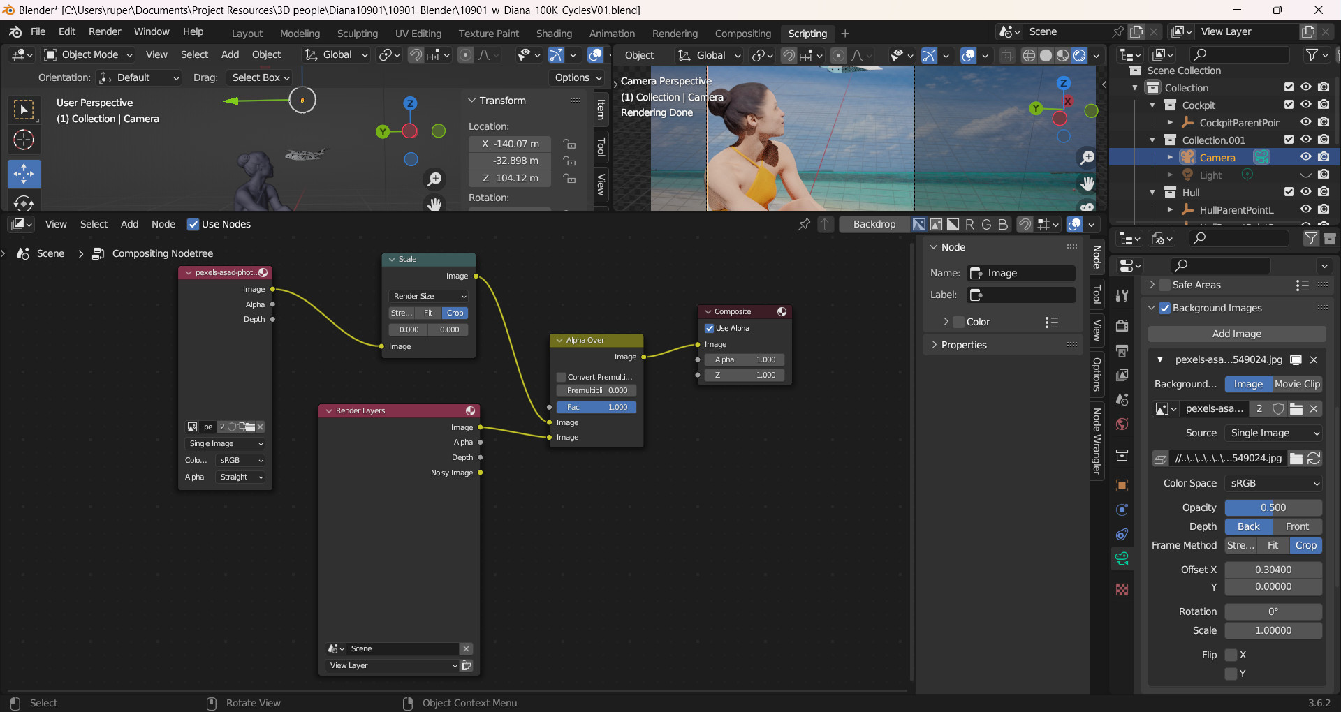 Setting up to render with a background image using nodes in the compositor.