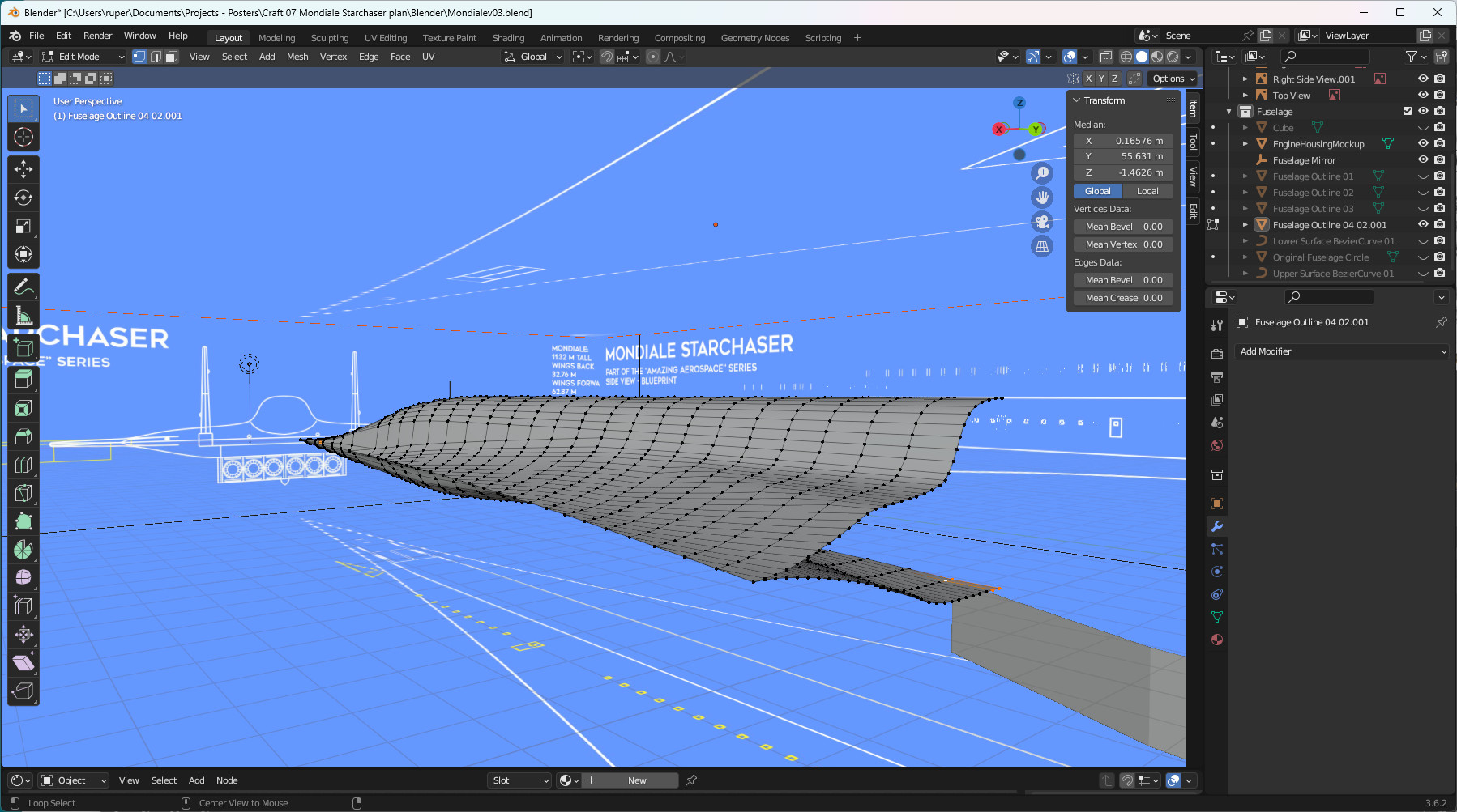 The fuselage gains volume in the mid section - for fuel and that swing wing mechanism.